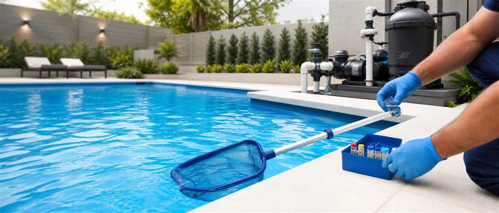 Technician using AquaTech One pool service software near a pool.